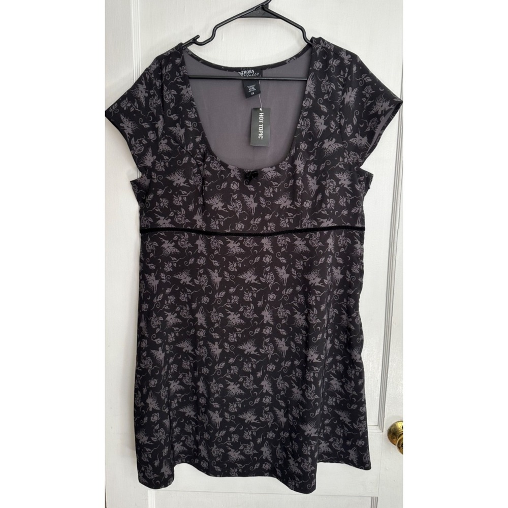 NWT Hot Topic Thorn & Fable Plus Size 2X Black Fairy Print Dress Empire Waist